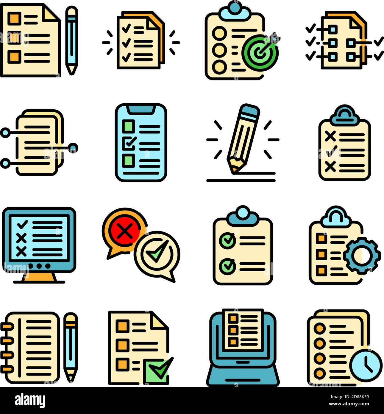Assignment icons set. Outline set of assignment vector icons thin line color flat on white Stock Vector