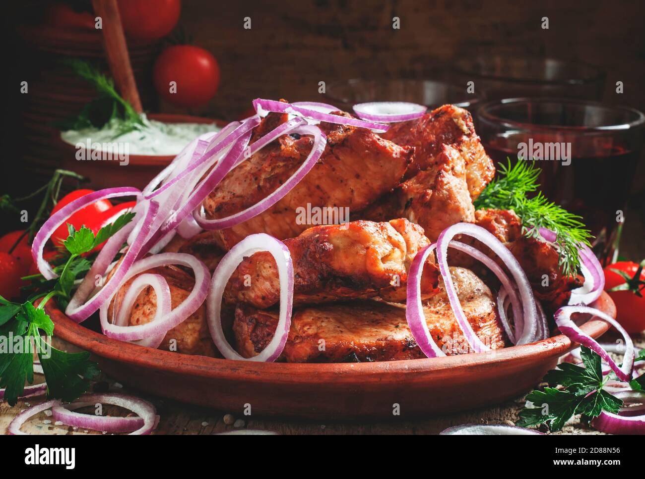 Shish kebab and red wine, home dinner, selective focus Stock Photo Alamy