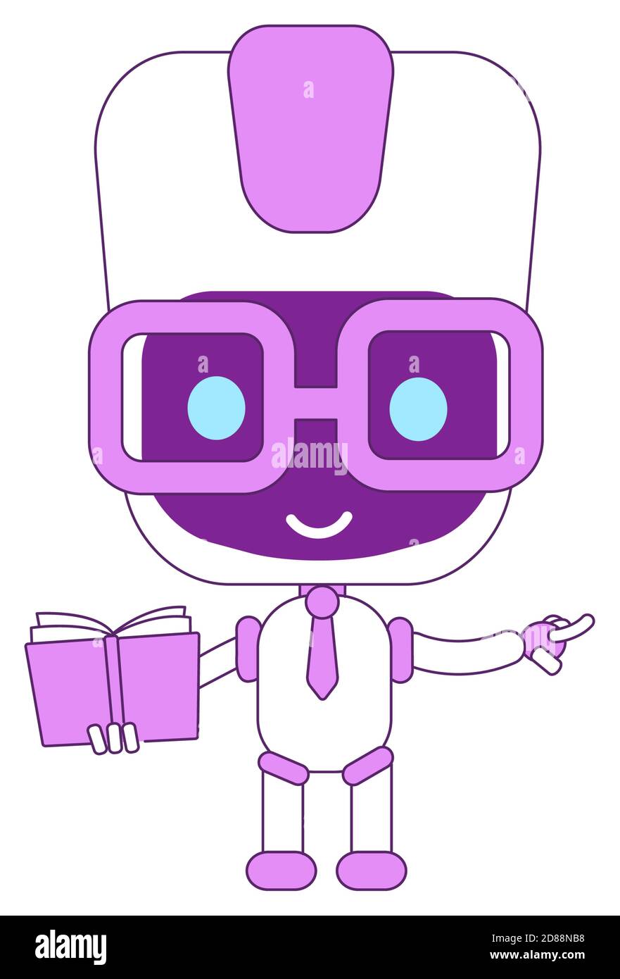 Cute modern robot with magnifying glass violet linear object Stock Vector
