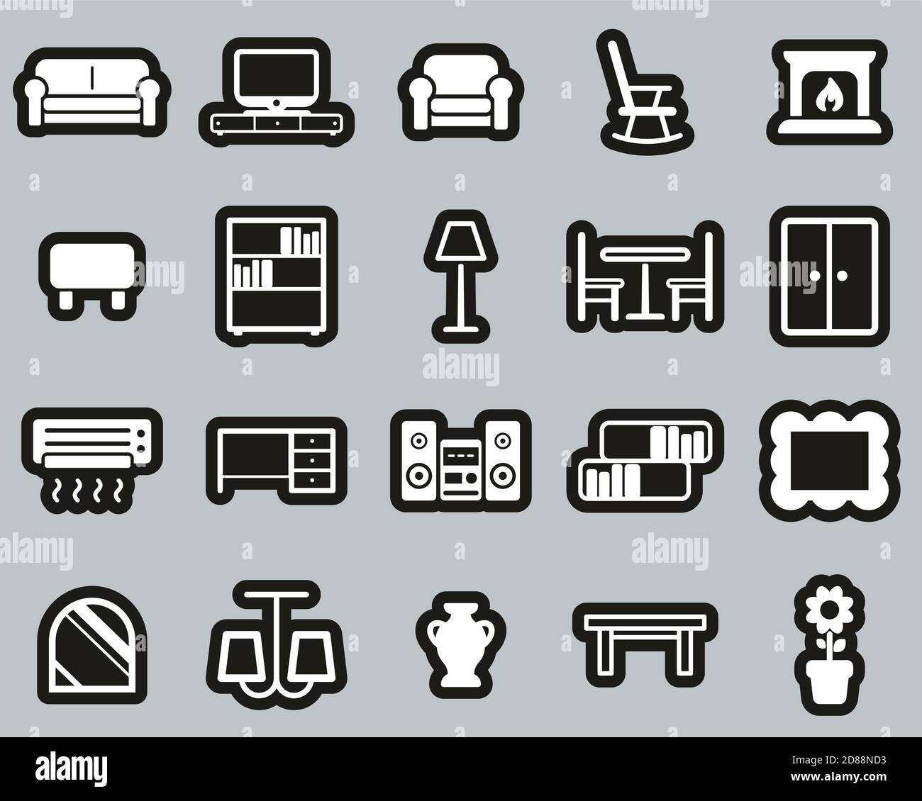 Living Room Furniture Icons White On Black Sticker Set Big Stock Vector ...