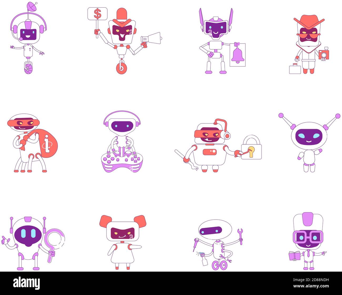 Robots red and violet linear objects set Stock Vector