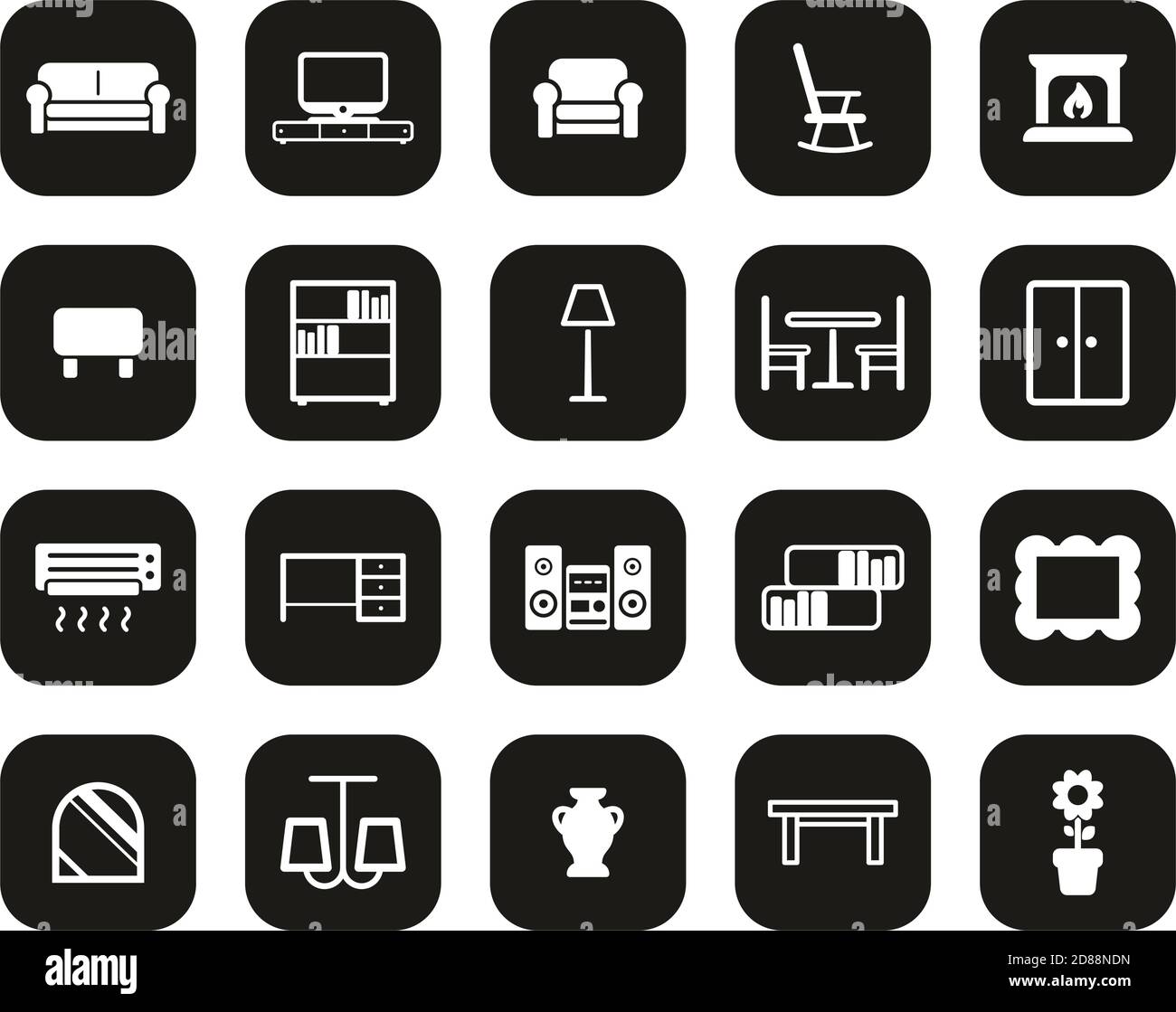 Living Room Furniture Icons White On Black Flat Design Set Big Stock ...