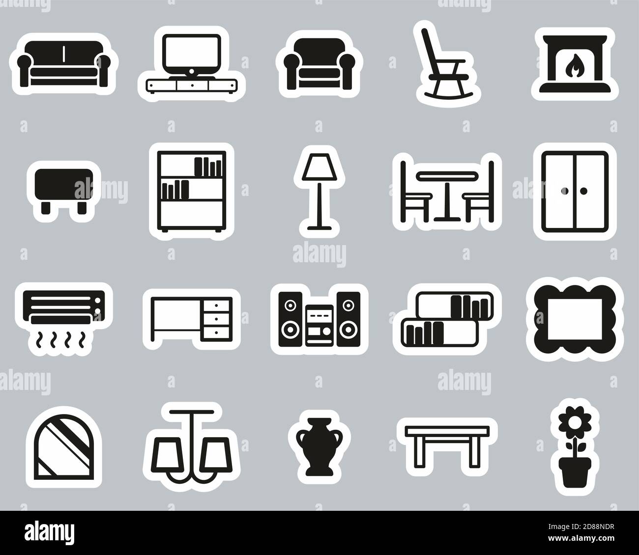 Living Room Furniture Icons Black & White Sticker Set Big Stock Vector ...