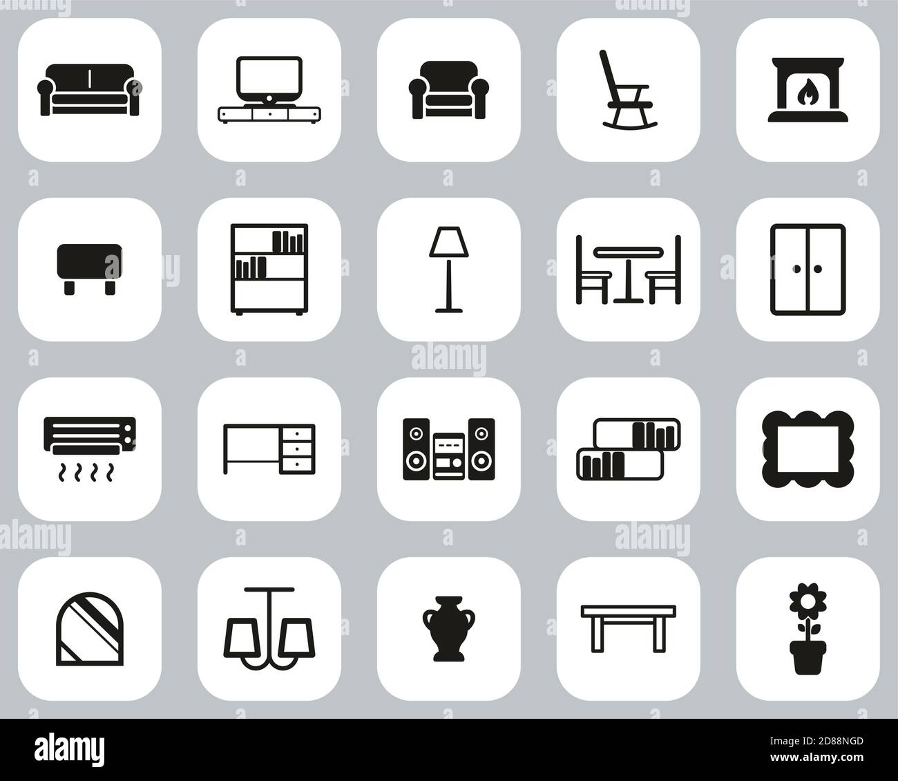 Living Room Furniture Icons Black & White Flat Design Set Big Stock