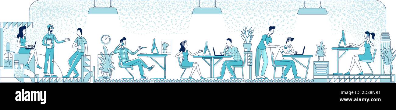 Open space office workers flat silhouette vector illustration Stock Vector