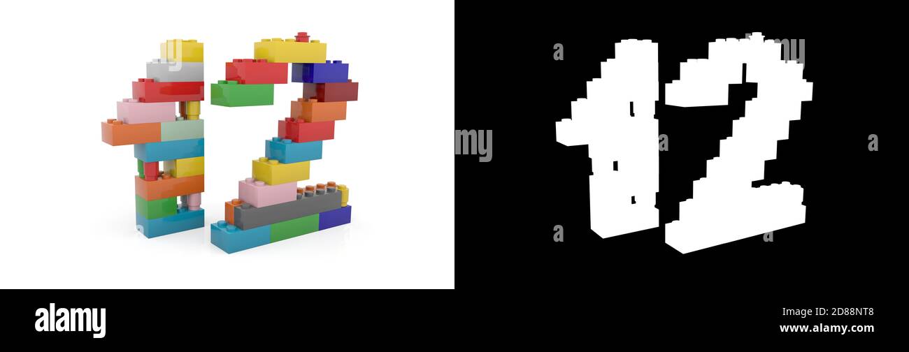 Colorful toy plastic number twelve (number 12) from building bricks ...