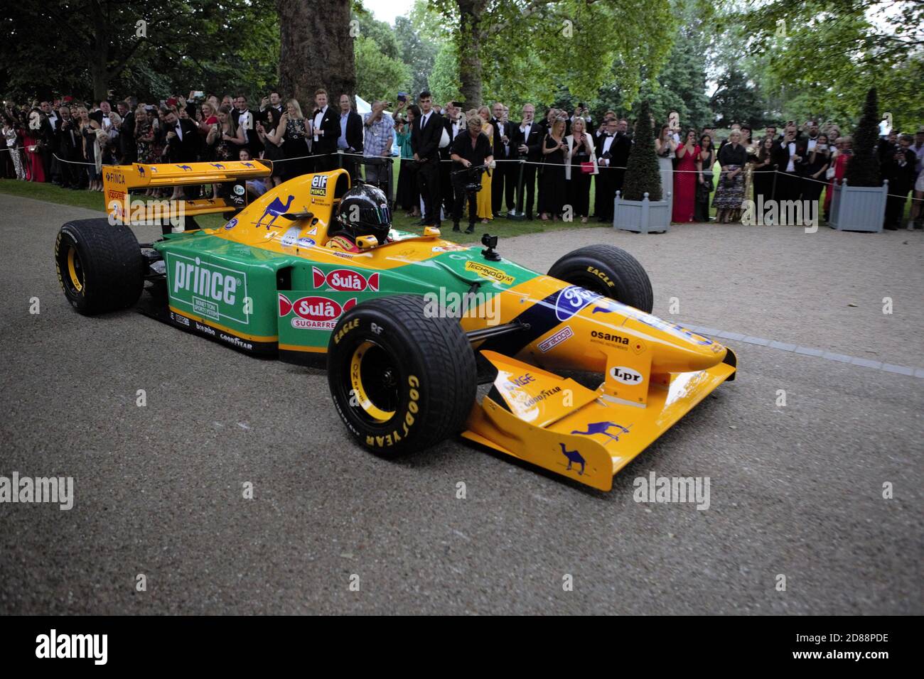The 1992 Michael Schumacher Benetton B192 seen during the Live show performance at the 2019 Grand Prix Ball. Stock Photo