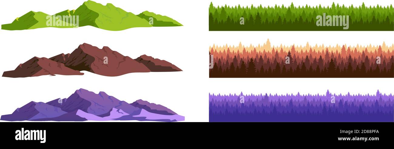 Mountains and coniferous forest cartoon vector objects set Stock Vector