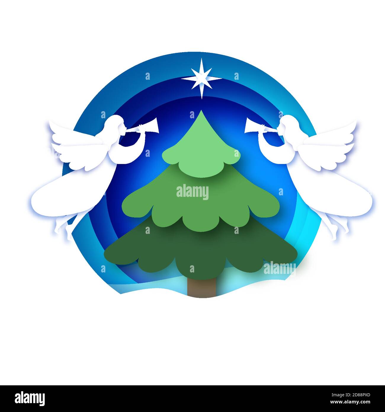 Merry Christmas Greetings Card with white Angels and Green Christmas tree. Winter holidays. Happy New Year. Circle bauble frame in paper cut style. Stock Vector