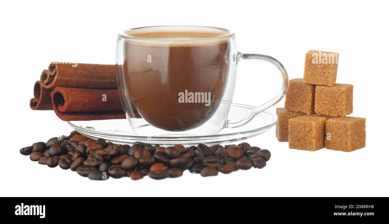 Glass cup of coffee and coffee beans isolated on white Stock Photo - Alamy