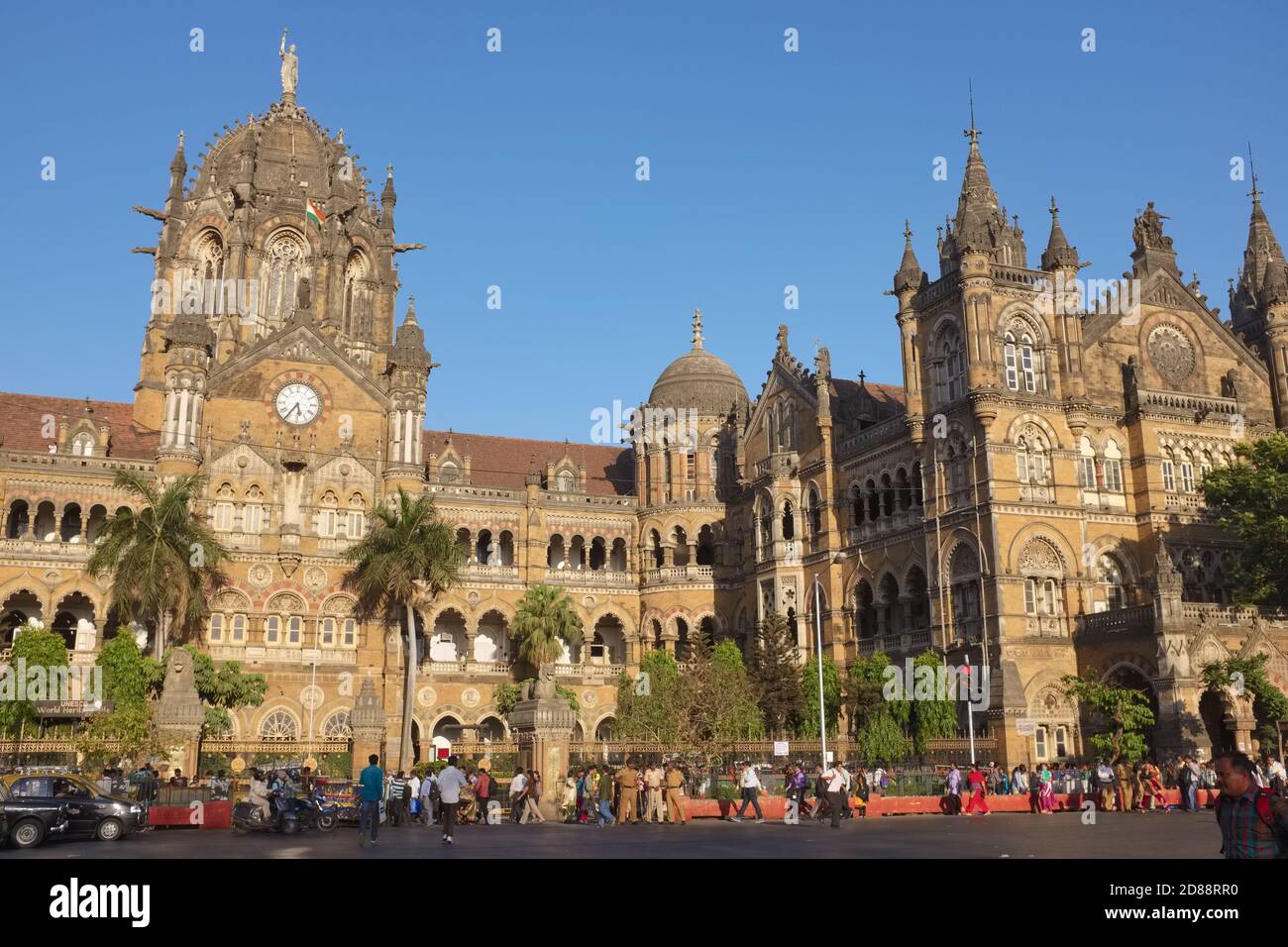 Partial view of iconic, landmark Chhatrapati Shivaji Maharaj Terminus (CSMT), a UNESCO heritage site in Fort area, Mumbai, India Stock Photo