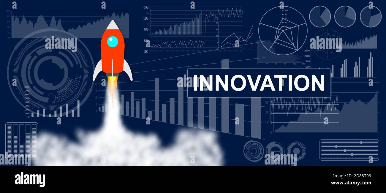 Innovation concept with a rocket launch on charts background Stock Photo