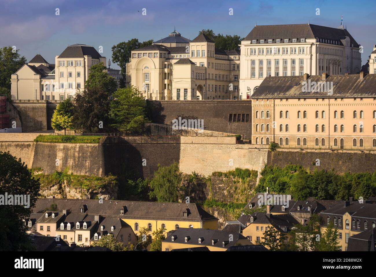 Luxembourg, Luxembourg City, View of Saint Esprit Plateau and The Judiciary City- a site that houses a number of courts and legal offices, above The G Stock Photo