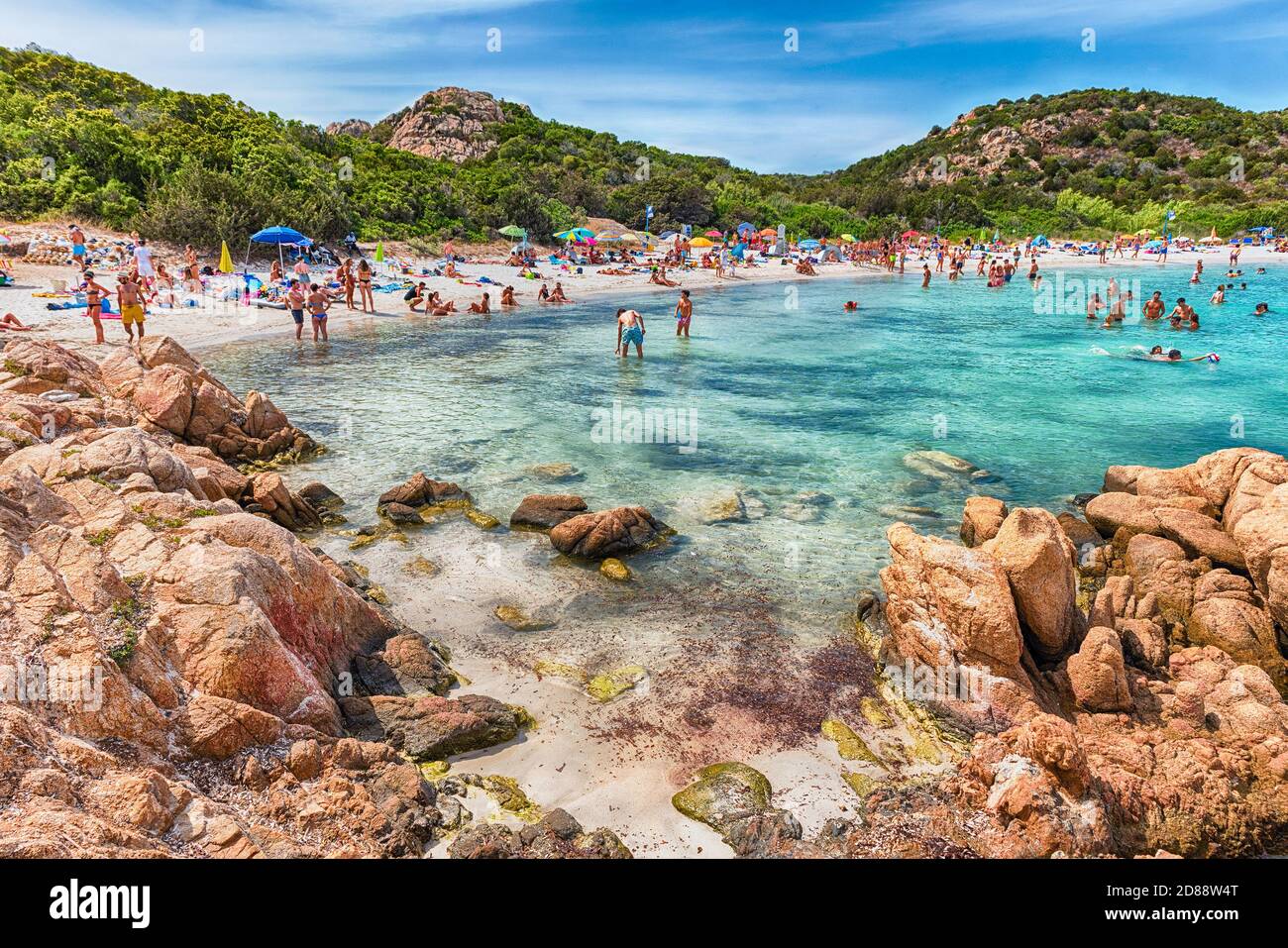 SARDINIA, ITALY - AUGUST 3: View of the iconic Spiaggia del Principe, one of the most beautiful beaches in Costa Smeralda, Sardinia, Italy, as seen on Stock Photo