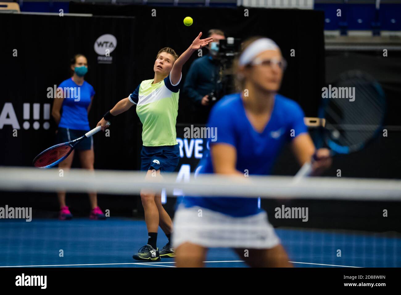 Demi Schuurs of the Netherlands and Kirsten Flipkens of Belgium in action during the doubles semifinal at the 2020 J&T Banka Ostrava Open WTA Premie C Stock Photo