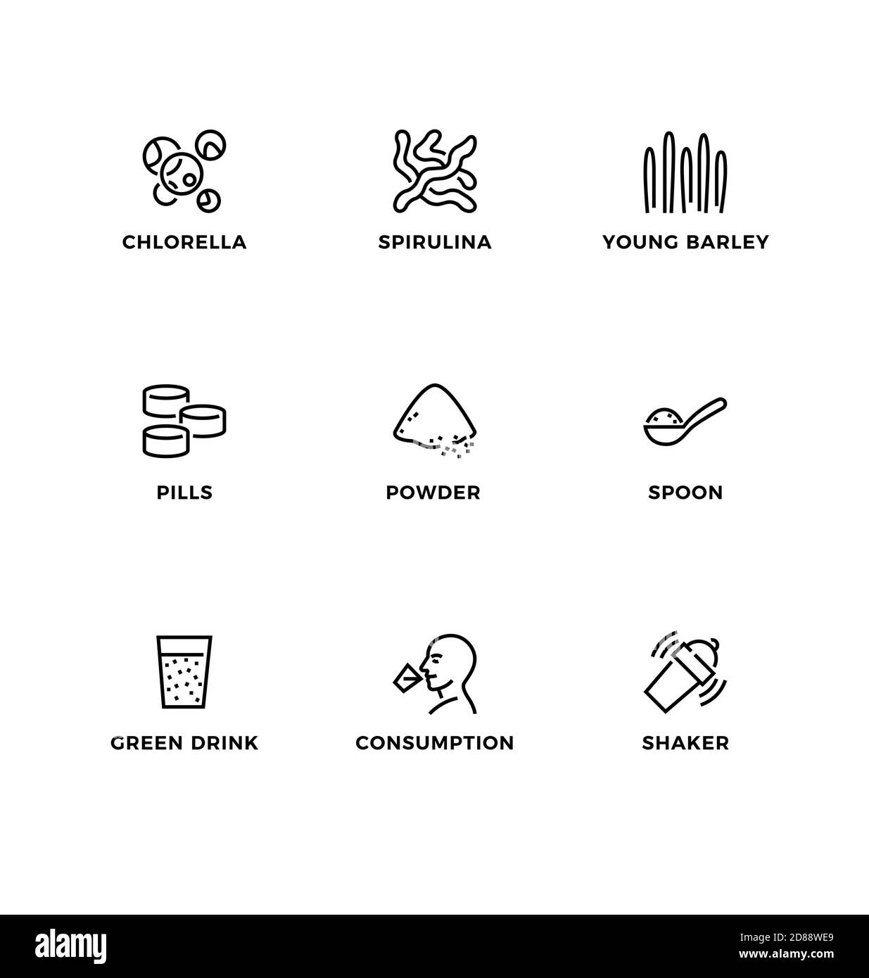 Vector set of design elements, logo design template, icons and badges for  superfood – chlorella, spirulina, young barley. Line icon set, editable str Stock Vector