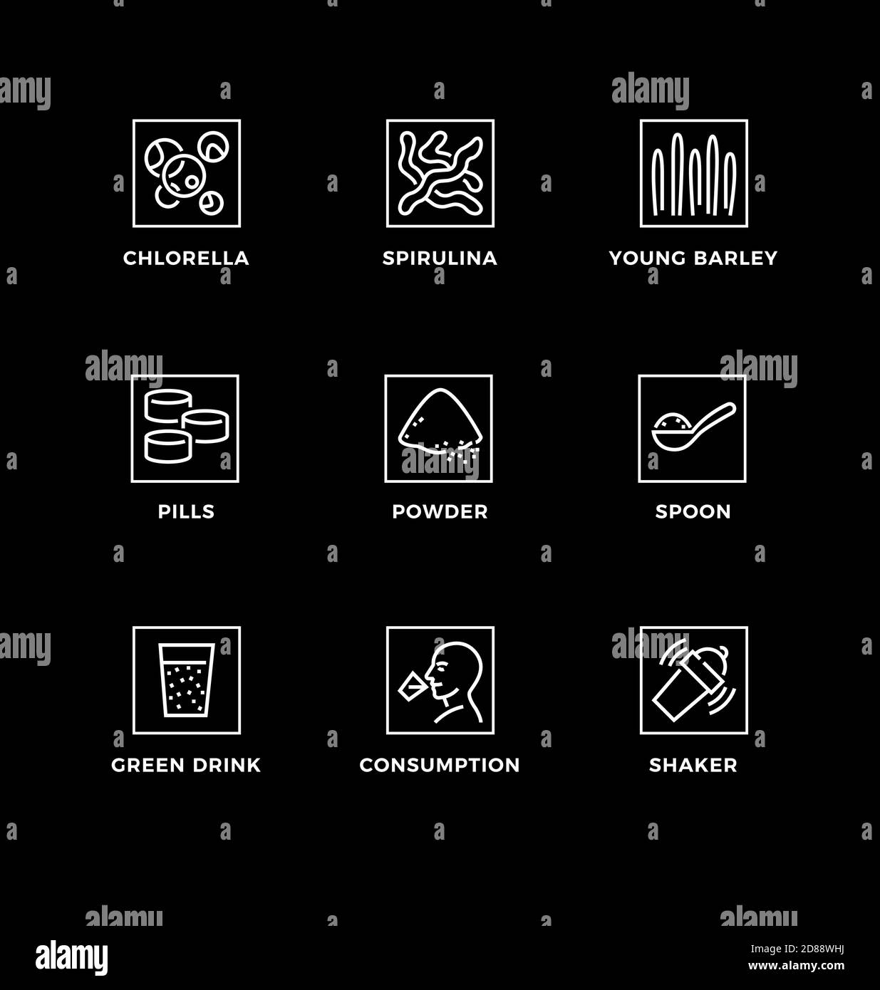 Vector set of design elements, logo design template, icons and badges for  superfood – chlorella, spirulina, young barley. Line icon set, editable str Stock Vector