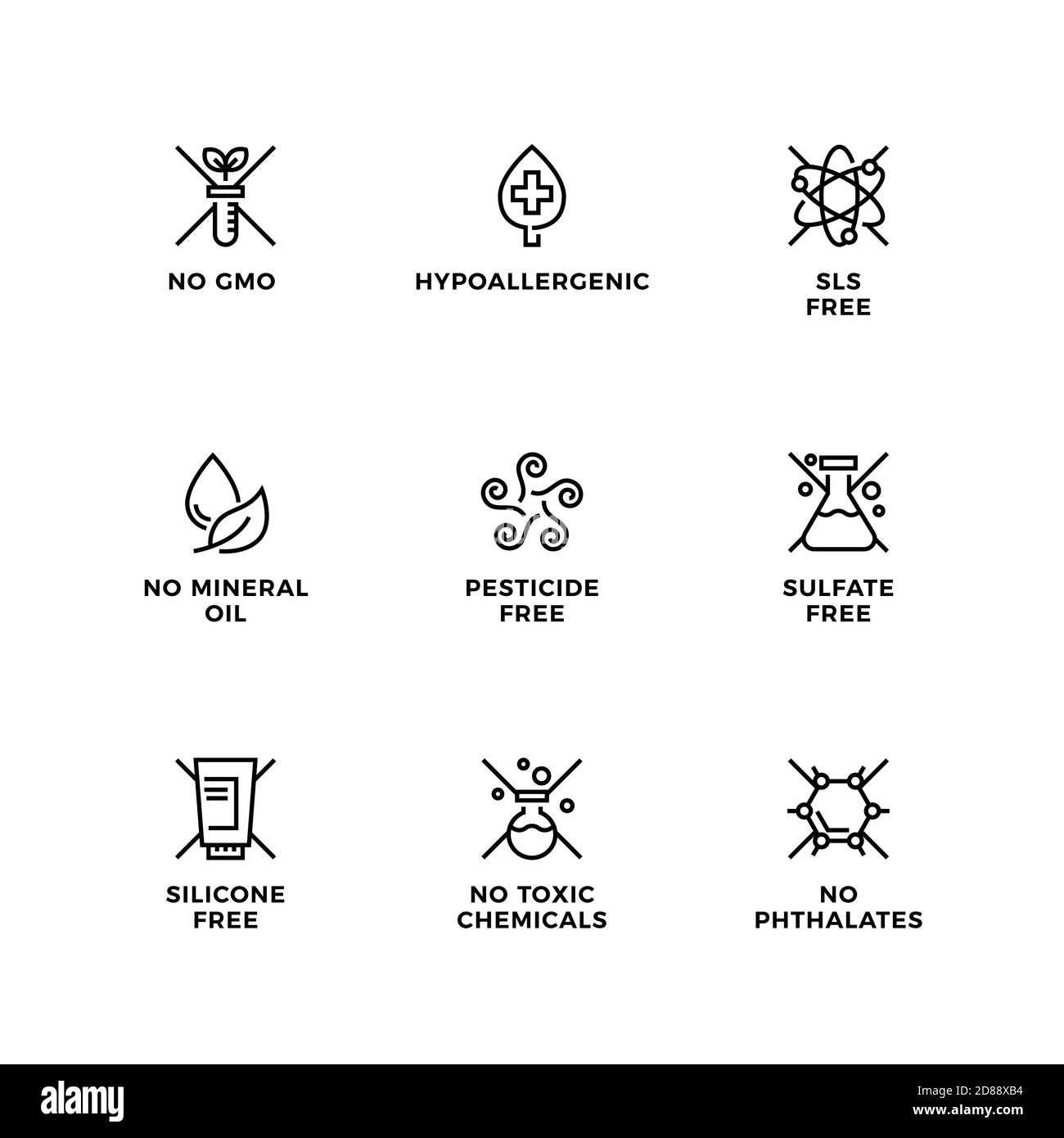 Vector set of design elements, logo design template, icons and badges for natural and organic cosmetic. SLS free, sulfate free, silicone free, no mine Stock Vector