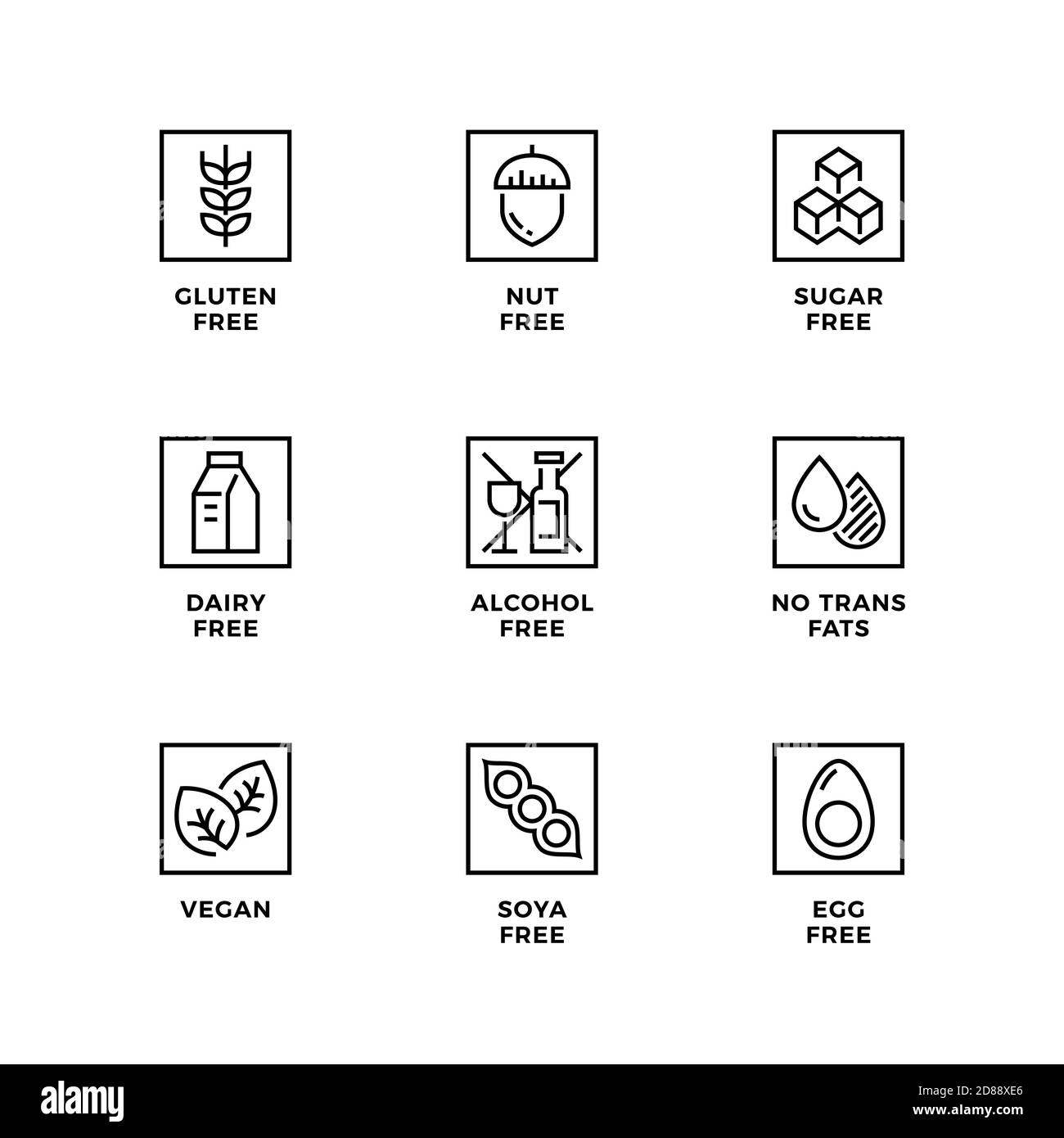 Vector set of design elements, logo design template, icons and badges for healthy food packaging without allergens. Line icon set, editable stroke. Stock Vector