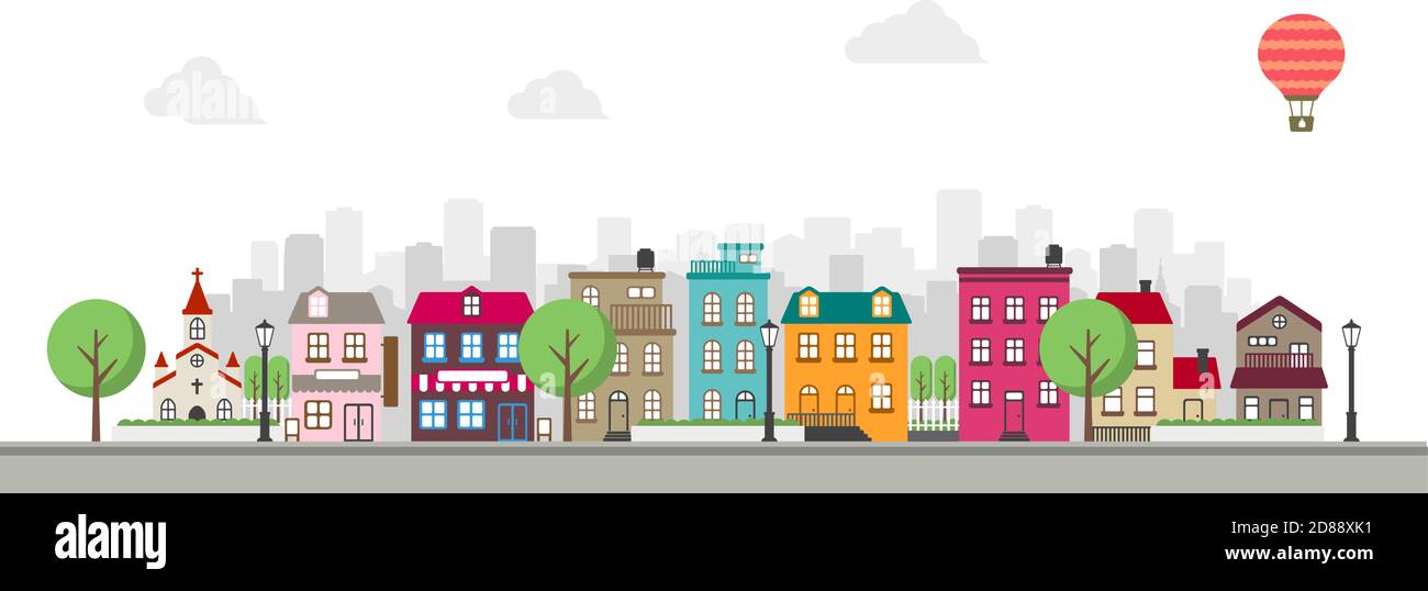 Modern colorful city / town street flat vector illustration (no person) Stock Vector