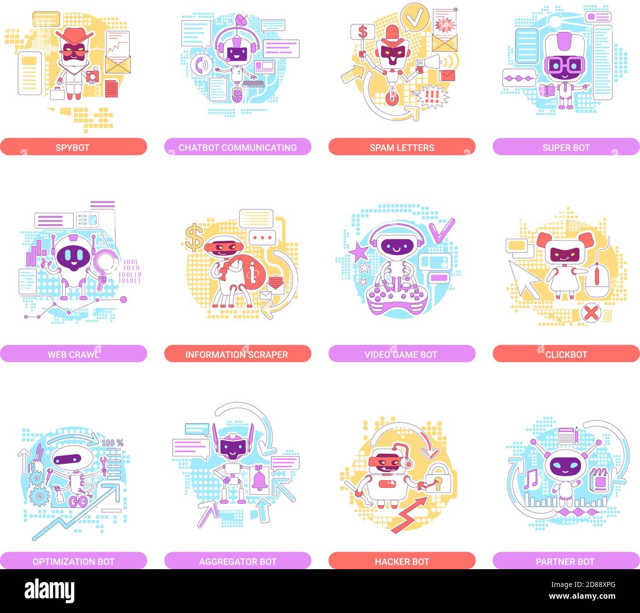 Good and bad bots thin line concept vector illustrations set Stock Vector