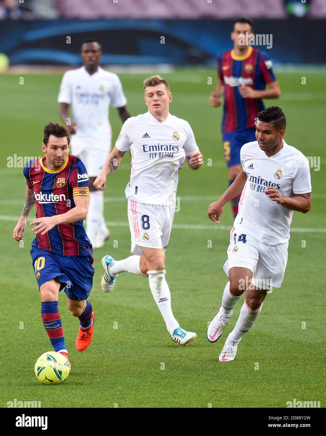 Lionel Messi of FC Barcelona, Toni Kroos and Carlos Henrique Casemiro of Real Madrid during the La Liga match between FC Barcelona and Real Madrid played at Camp Nou Stadium on October 24, 2020 in Barcelona, Spain. (Photo by Sergio Ruiz/PRESSINPHOTO) Credit: Pro Shots/Alamy Live News Stock Photo