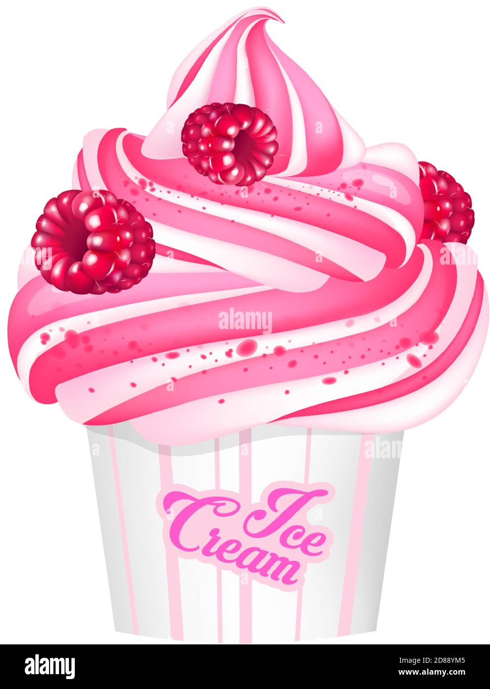Raspberry ice cream, sweet milky dessert with jam realistic vector