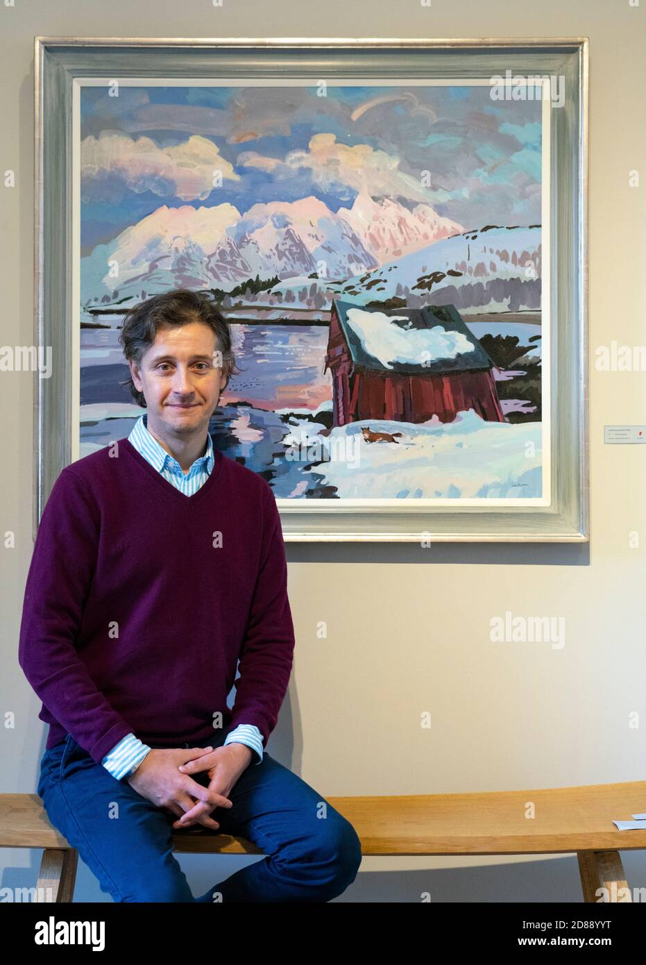 Edinburgh, Scotland, UK. 28 October 2020. Lachlan Goudie's exhibition Once Upon A Time, inspired by fairy-tales and his experiences during lockdown, runs at The Scottish Gallery in Edinburgh from 28th October C 25th November. Pictured; The artist beside painting North Mountain. Iain Masterton/Alamy Live News Stock Photo