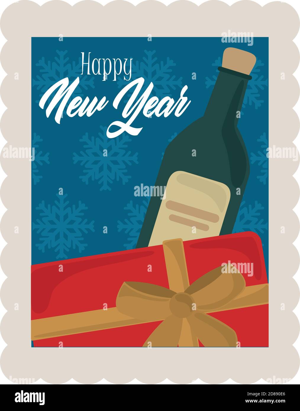 happy new year 2021, gift box and wine bottle celebration, postage