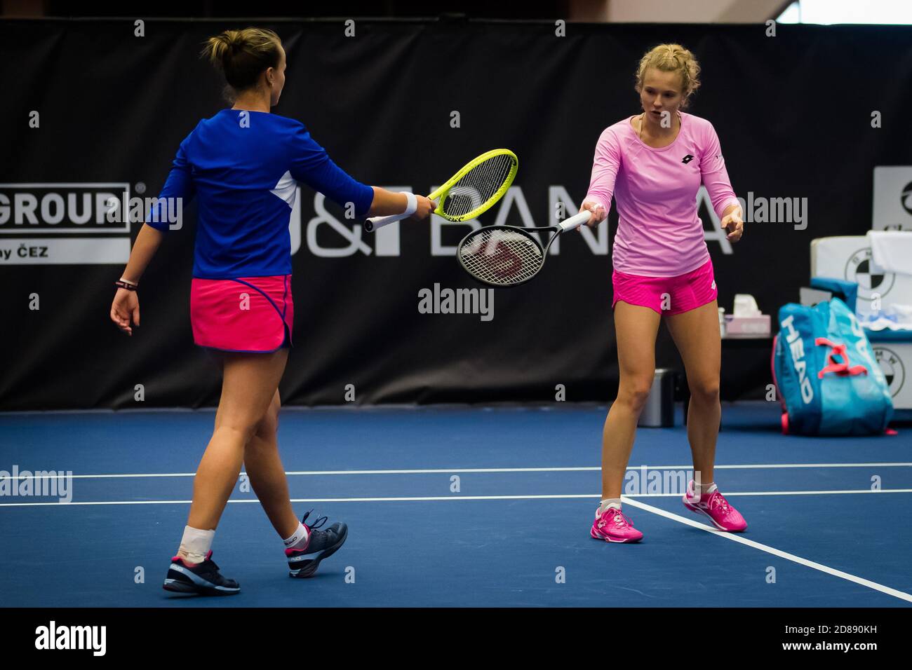 Barbora Krejcikova and Katerina Siniakova of the Czech Republic playing doubles at the 2020 J&T Banka Ostrava Open WTA Premier tennis tournament on  C Stock Photo