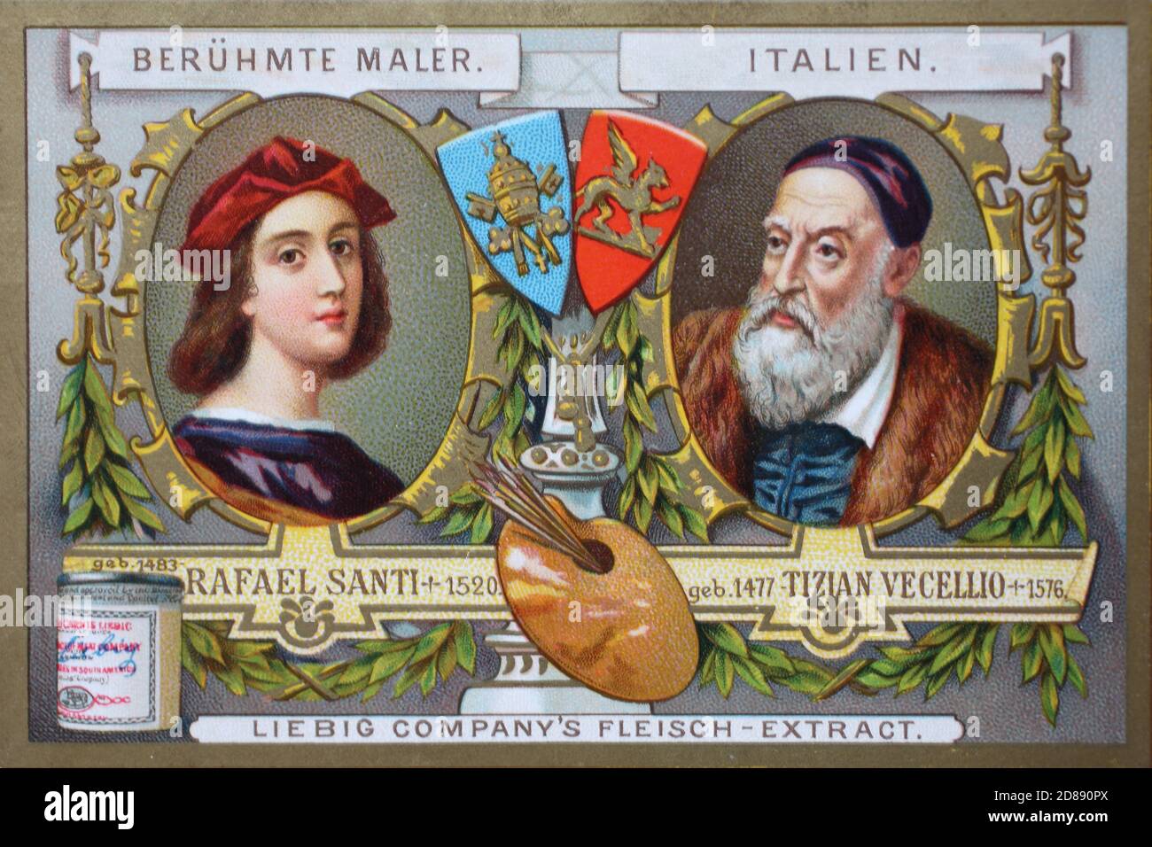 Picture series famous painters, Rafael Santi and Tiziano Vecellio, Italy  /  Bilderserie berühmte Maler, Rafael Santi und Tiziano Vecellio, Italien, Liebigbild, digital improved reproduction of a collectible image from the Liebig company, estimated from 1900, pd  /  digital verbesserte Reproduktion eines Sammelbildes von ca 1900, gemeinfrei, Stock Photo