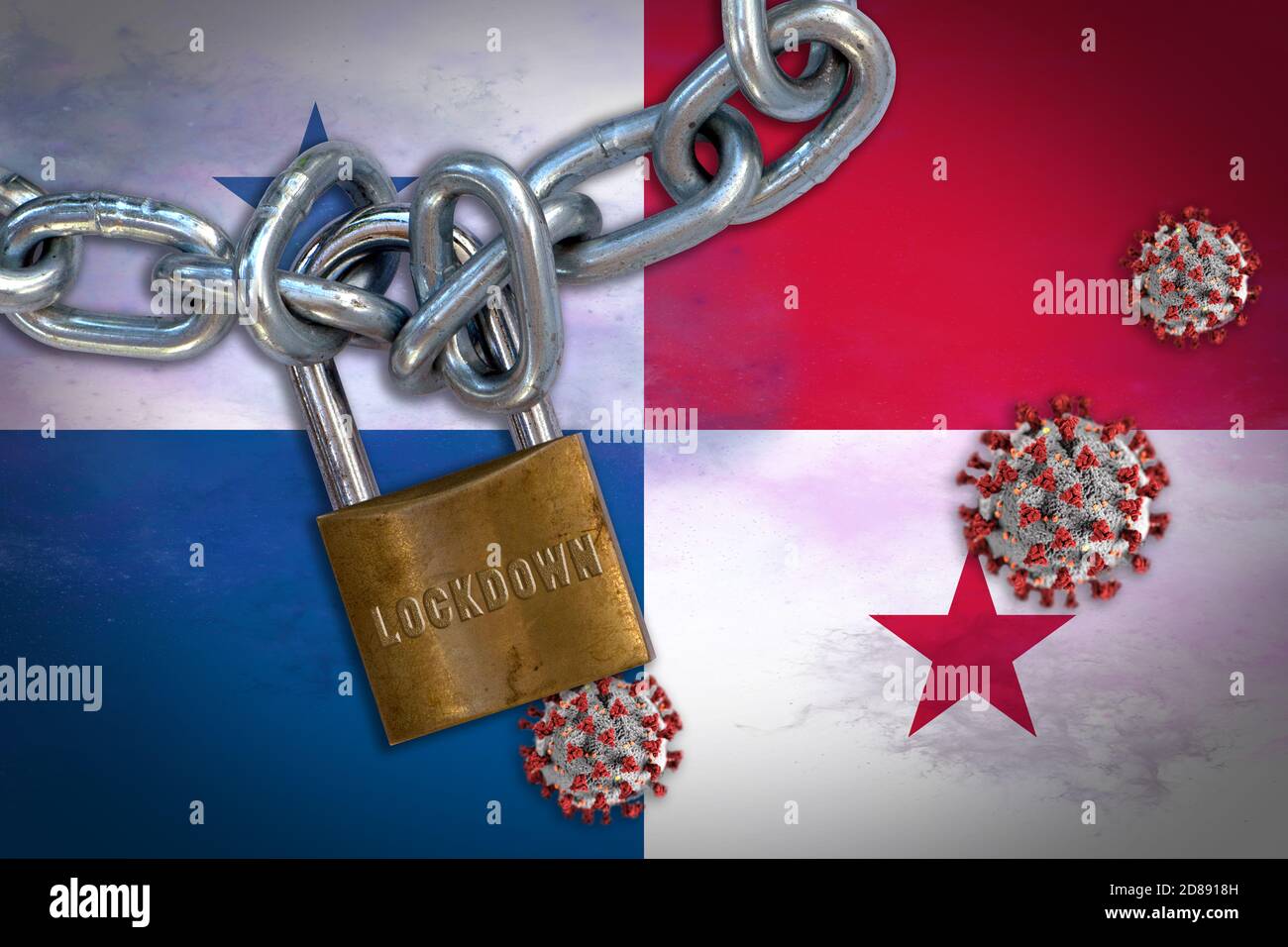 Concept illustration of Coronavirus lockdown in Panama, with Covid-19 particles overshadowing flag of Panama. Stock Photo