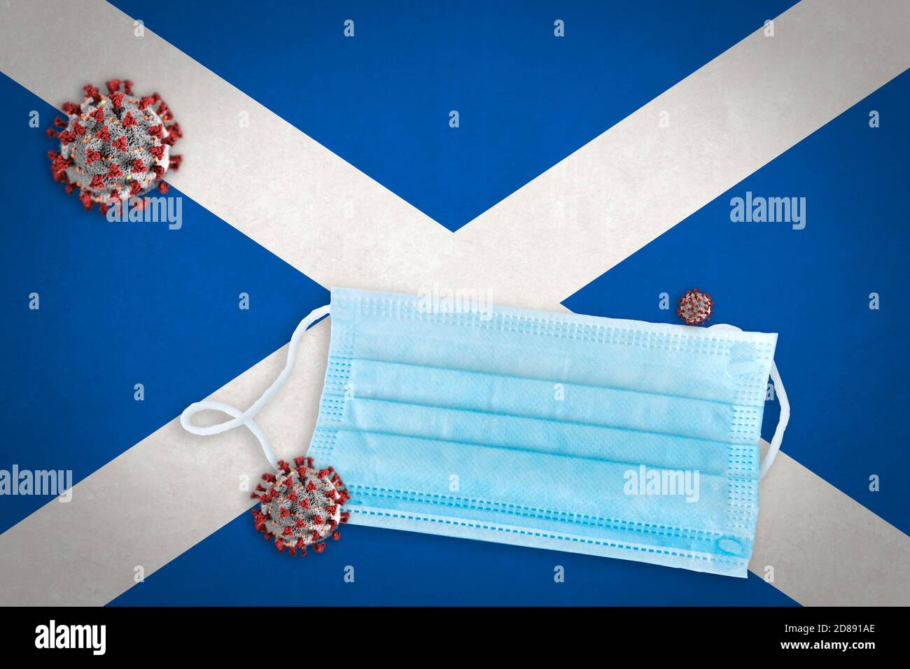 Concept illustration of  surgical face mask over flag of Scotland and Coronavirus or Covid-19 particles in front. Stock Photo