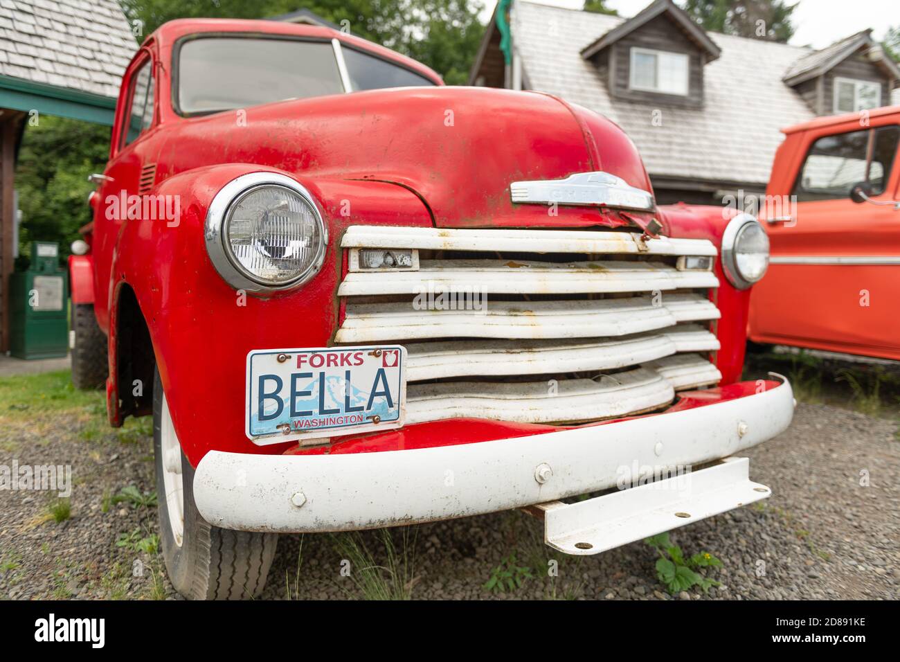 FORKS, WASHINGTON - JUNE 27, 2018: Red pick up trucks from the Twilight series. The town was the setting for the films. Stock Photo
