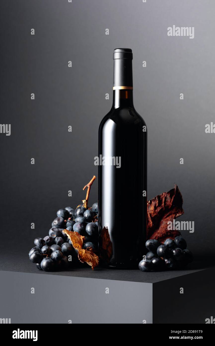Bottle of red wine and blue grapes with dried up vine leaves on a dark ...