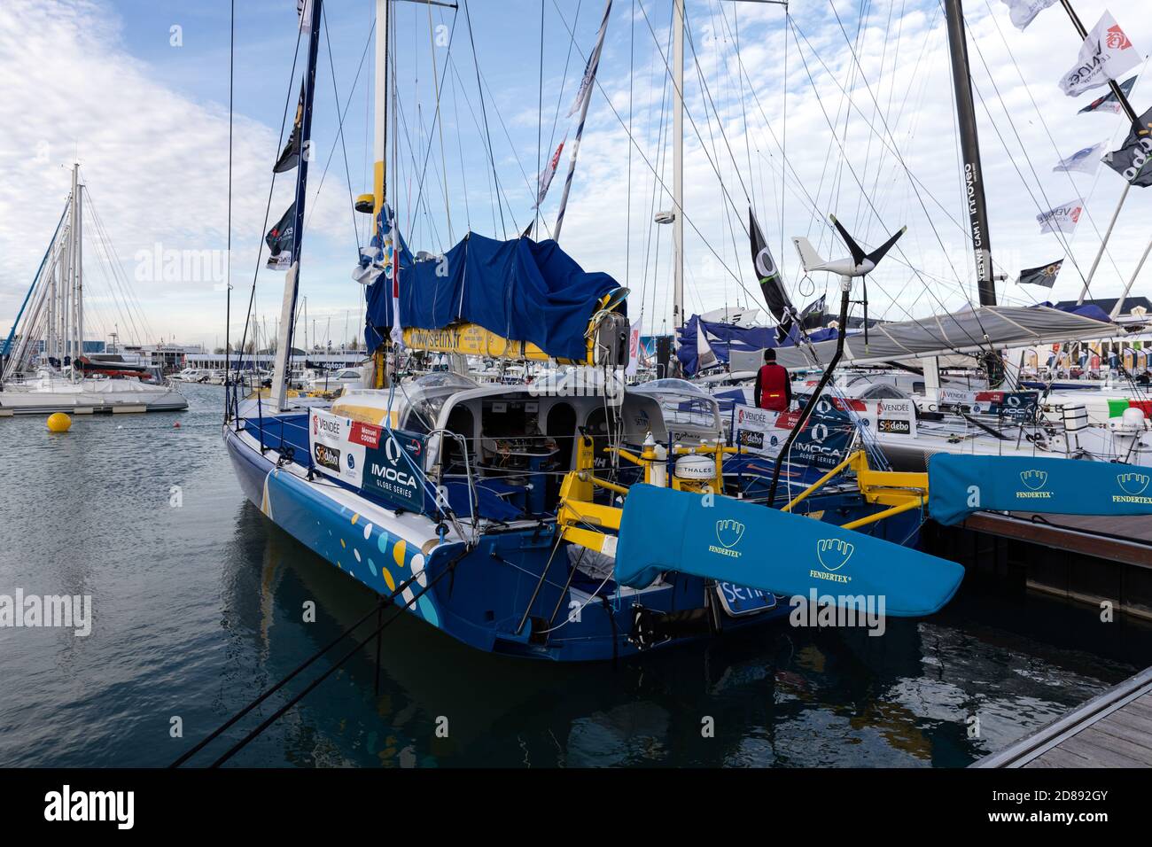 LES SABLES D'OLONNE, FRANCE - OCTOBER 19, 2020: Manuel Cousin boat (Groupe Setin) on the Vendee Globe 2020 pontoon on October 19,2020. Stock Photo