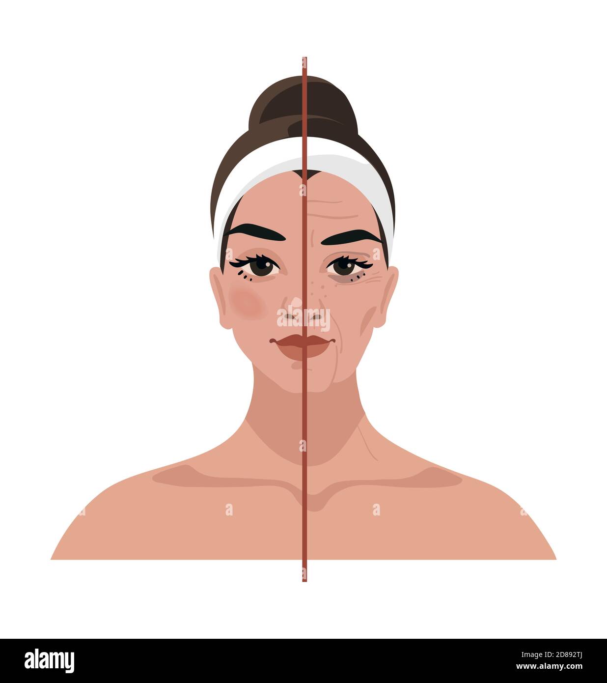 Portrait of a young woman and age-related changes on her face. Before and after cosmetic procedures, injections, plastic surgery. Flat vector illustration Stock Vector