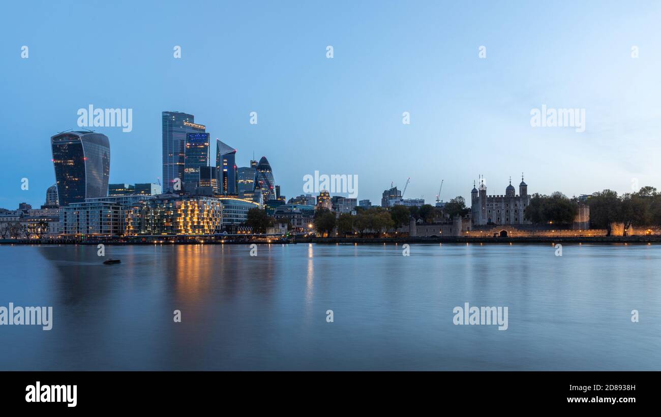 Central London and the Tower of London across the River Thames, early morning. Stock Photo