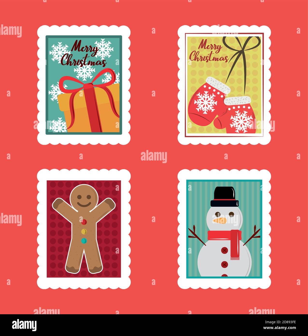 merry christmas postal stamps set, gift, mittens, snowman and gingerbread  man vector illustration Stock Vector Image \u0026 Art - Alamy, image size:1275x1390