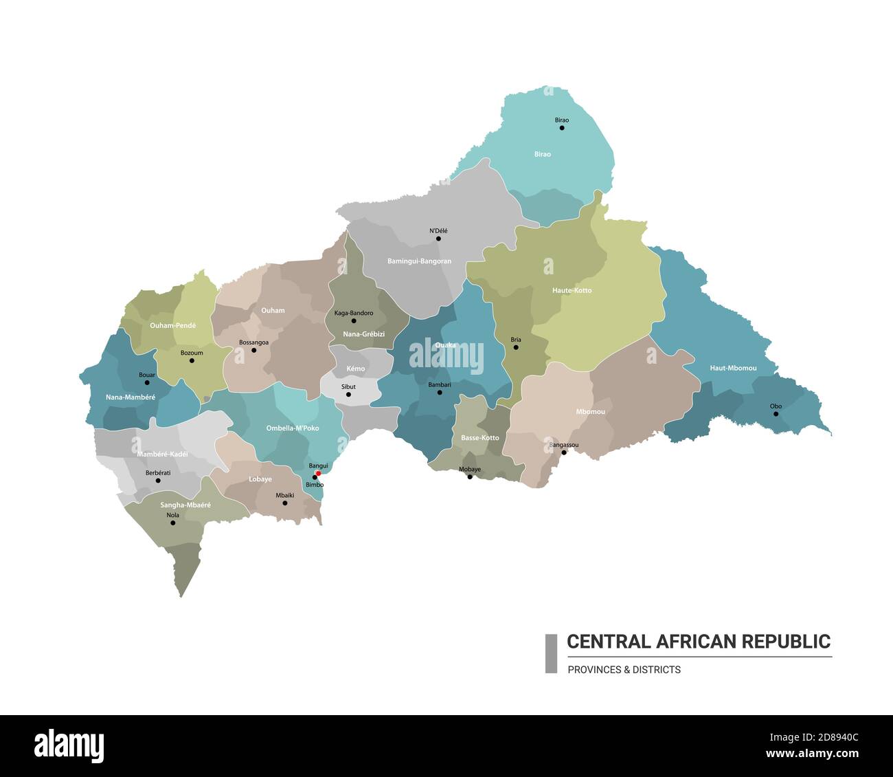Central African Republic higt detailed map with subdivisions. Administrative map of Central African Republic with districts and cities name, colored b Stock Vector
