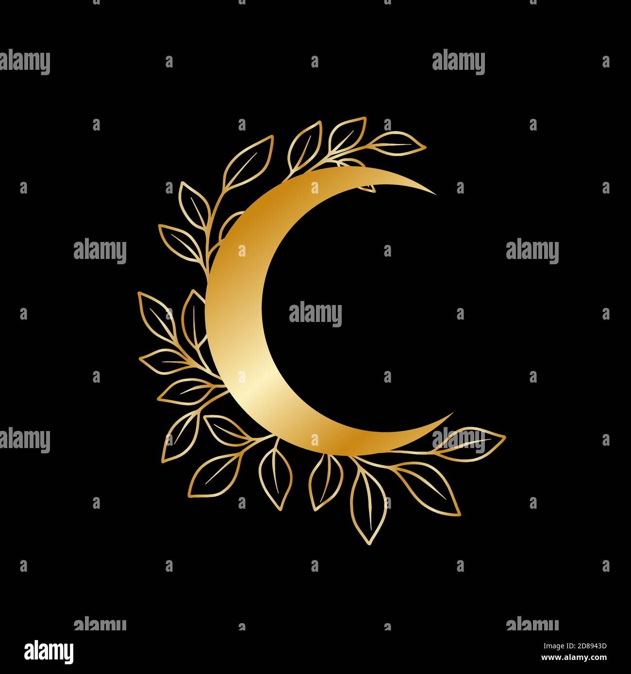 Gold wreath. Floral moon vector frame. Boho celestial frame. . Vector illustration Stock Vector