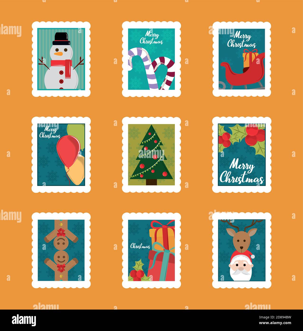 merry christmas postage stamps set, snowman, candy cane, tree, santa and more vector illustration Stock Vector
