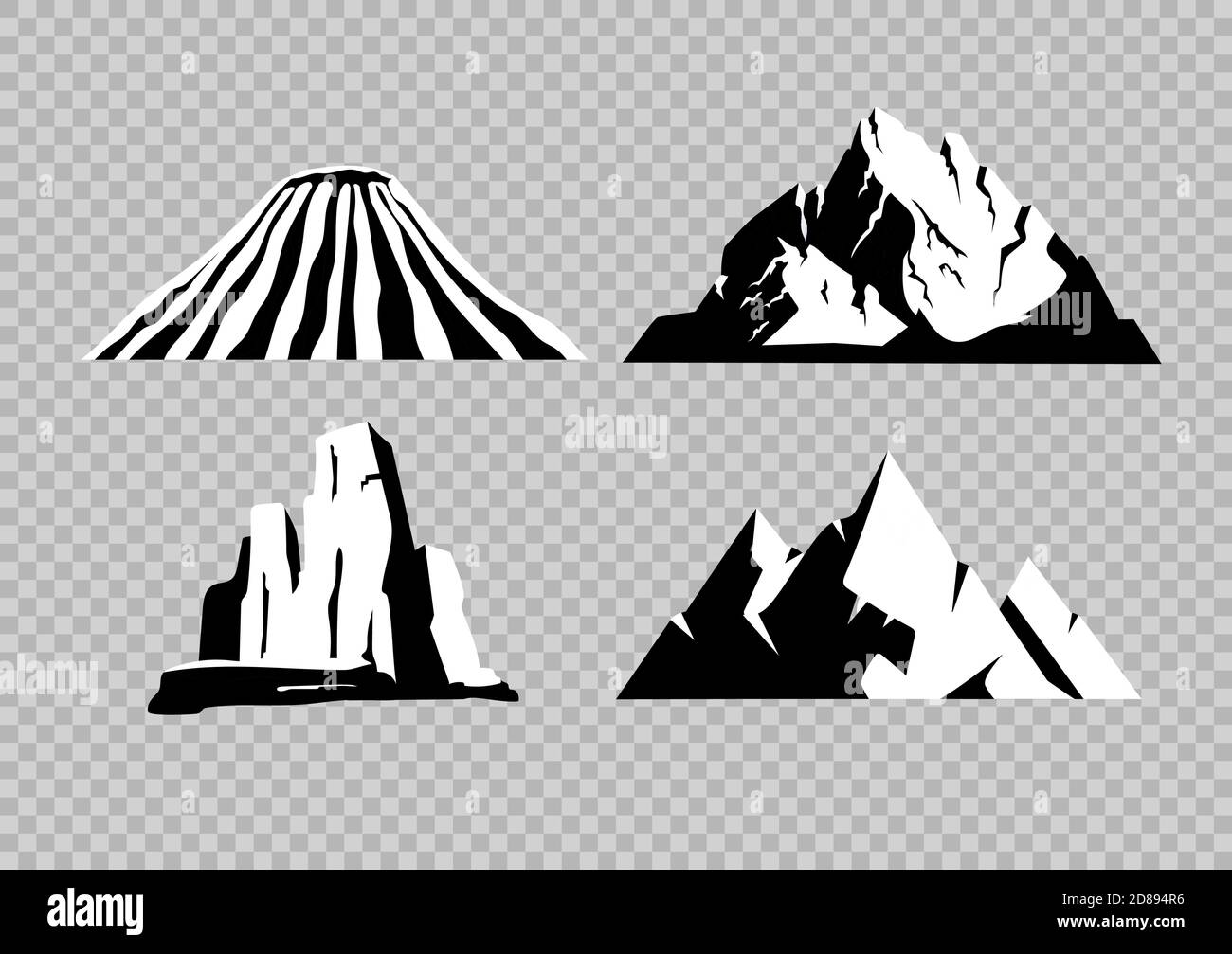 High mountains flat black and white vector objects set Stock Vector