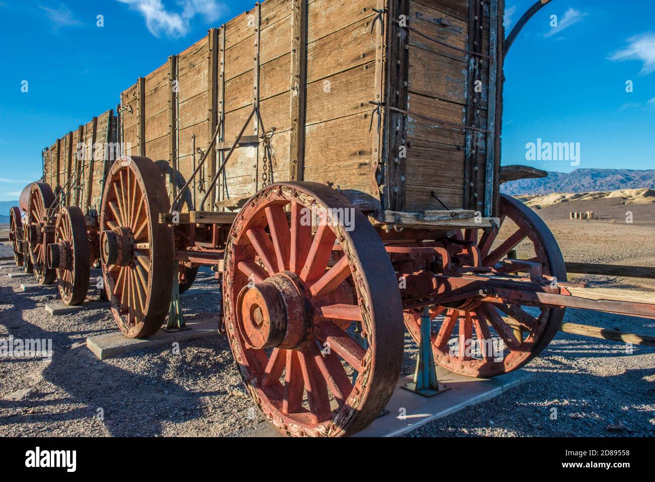 DEATH VALLEY, CALIFORNIA. , The mineral borax was transported  out of the valley with big wooden wagons pulled by 20 mules Stock Photo