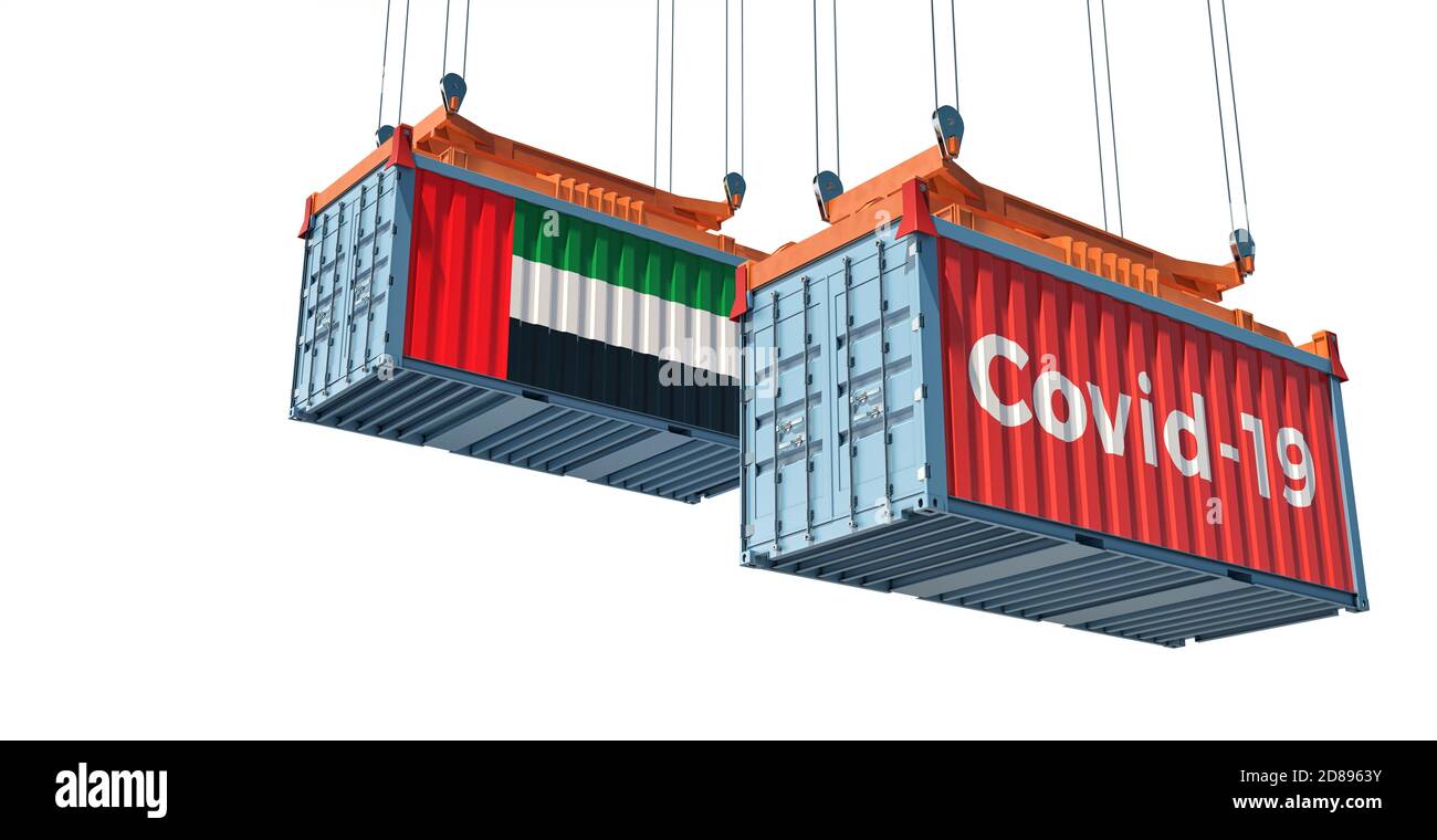 Container with Coronavirus Covid-19 text on the side and container with United Arab Emirates Flag. 3D Rendering Stock Photo