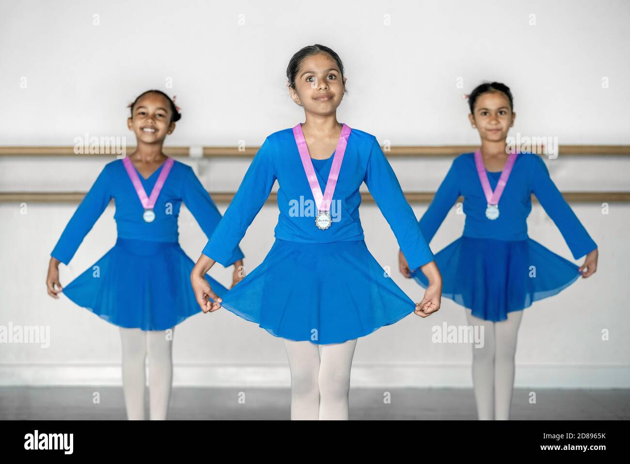 London Uk 28th Oct World Ballet Day Muslim Ballet School Young Students Elyana Hafsah And Safa L R All 7yrs From Grace Poise Academy Proudly Display Medals After Completing Their Year