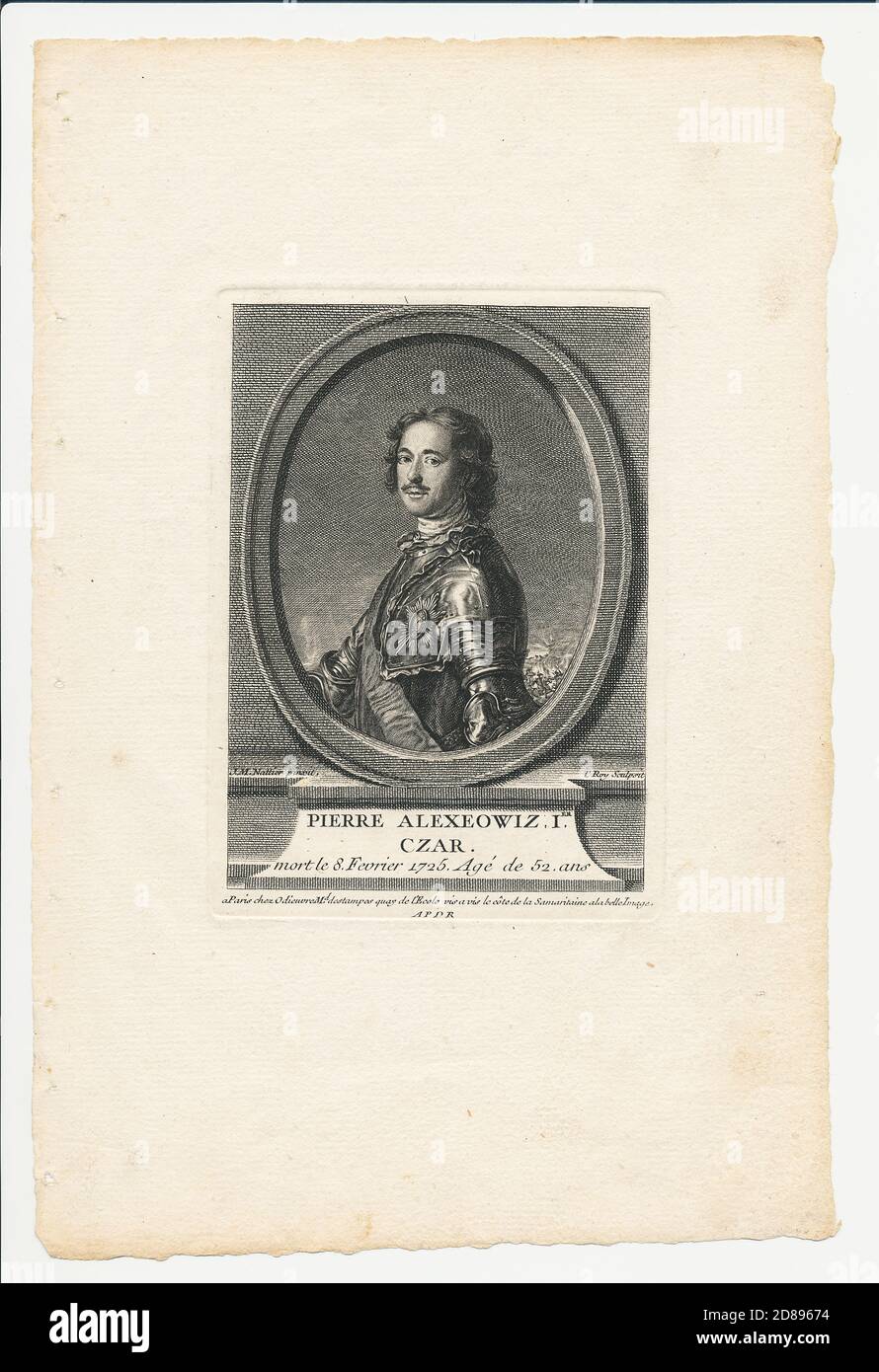 Engraving of Peter The Great Tsar (Pierre Alexeowiz I Czar) 1725 Stock Photo