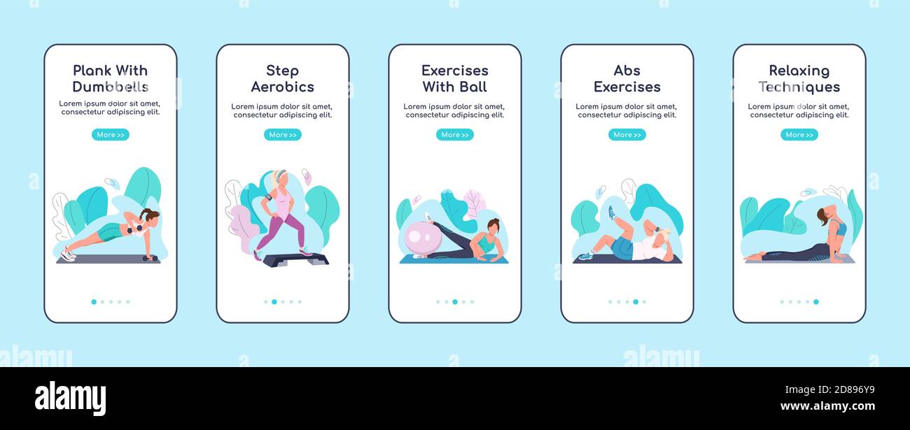Fitness exercises onboarding mobile app screen flat vector template Stock Vector
