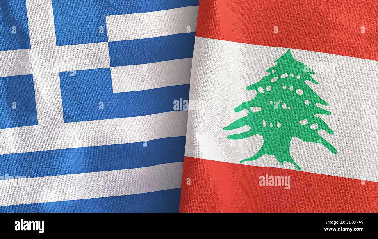 Lebanon and Greece two flags textile cloth 3D rendering Stock Photo