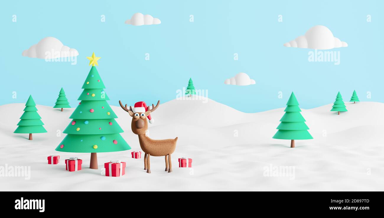 Funny Reindeer and Decorated Christmas tree with gifts. Winter Holidays Background 3d render 3d illustration Stock Photo